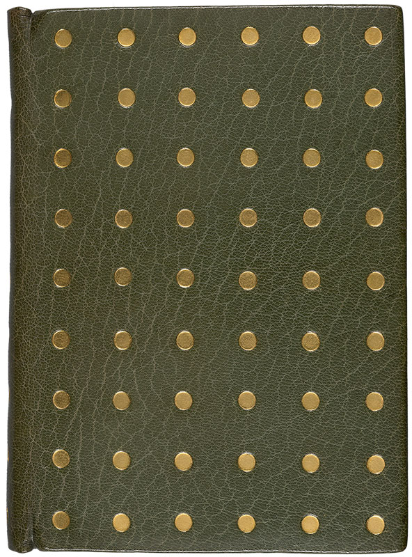 A closed book with a full green morocco leather binding and large gold tooled polka-dot pattern. Only the front cover is visible.