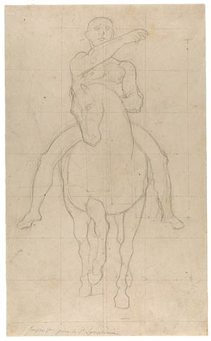 Fig. 8. Ingres likely used tracing paper to copy an earlier draft of this composition to this sheet.  Jean-Auguste-Dominique Ingres. Study for the Mounted Centurion in The Martyrdom of St. Symphorien, 1825–34.