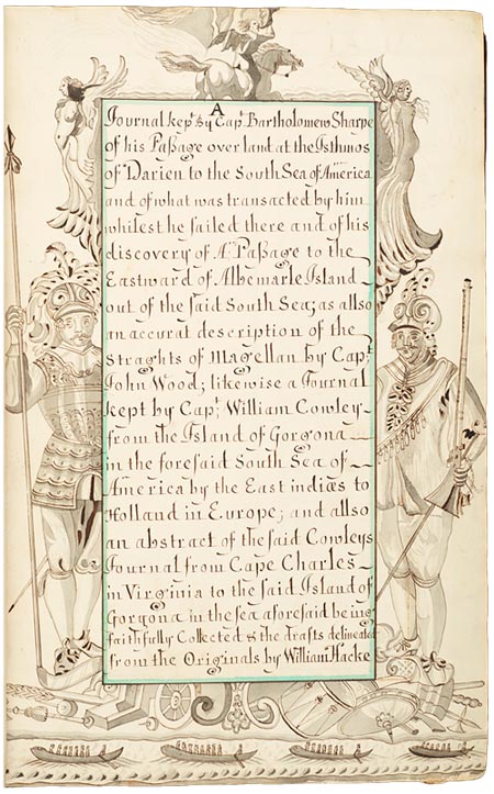 Title page of an illustrated manuscript of Bartholomew Sharpe's diary