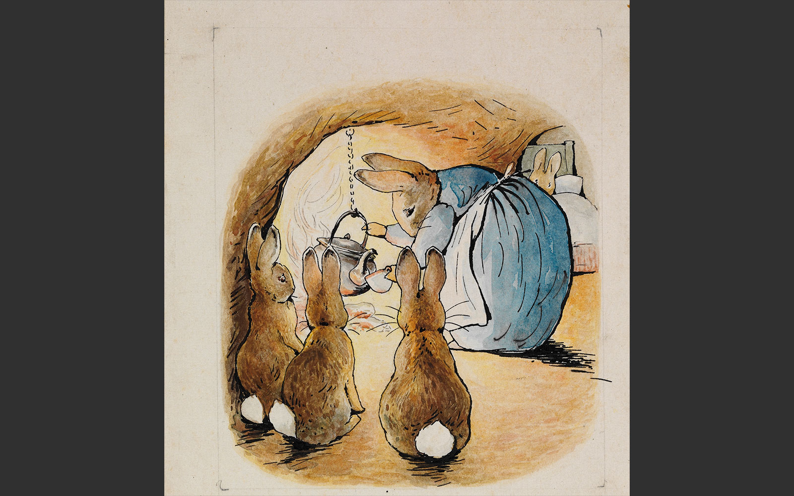 Illustration showing three rabbits in foreground with dressed rabbit cooking over a fire behind them.