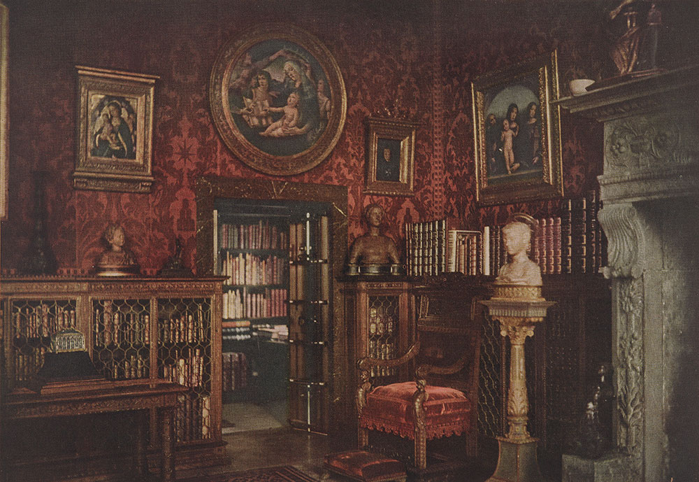 View of Pierpont Morgan's study showing paintings, entrance to vault and part of fireplace.