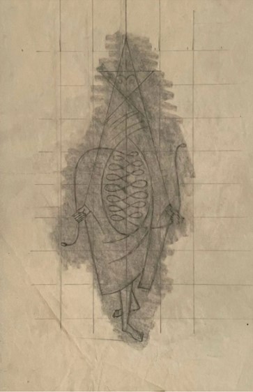 A pencil drawing on gridded paper depicts a stylized, elongated figure with a triangular head. Its oval torso contains a pattern of interlocking shapes, and it holds a curved form in one hand and a flat rectangle in the other. Dark shading surrounds the figure.