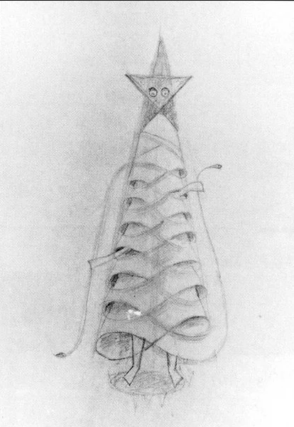 A black-and-white pencil drawing depicts a conical figure with a star-shaped head, two eyes, and a small nose. Wavy ribbons wrap around its body, which stands on two thin legs.