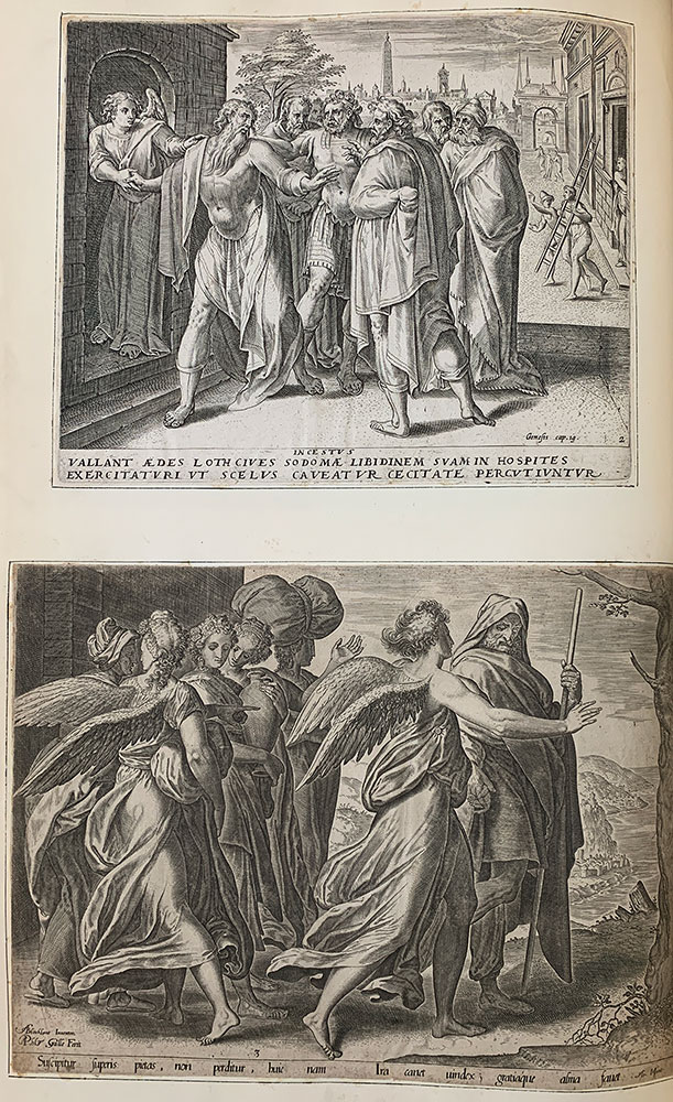Two horizontal rectangular prints, one on top of the other, occupying a single folio page, in black, white, and shades of grey. The top image shows several male figures gathered in front of a house, with an angel pulling one towards the house. The bottom image shows several figures, both female and male as well as some angels, in motion outside.