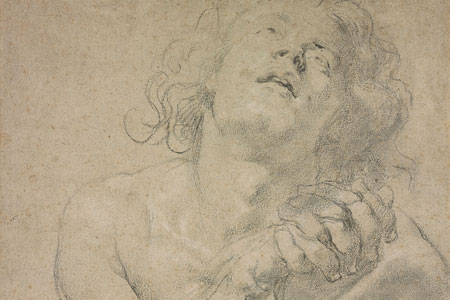 Graphite drawing of a seated male with hands clasped in front of him.