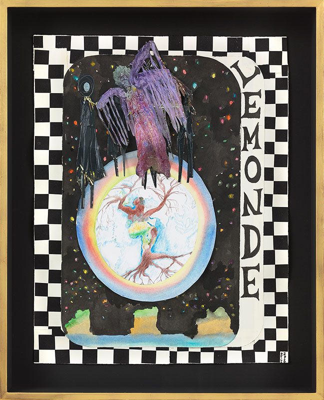 A collaged artwork features a central globe motif with a reddish figure shaped from a tree growing from the African continent, encircled by a rainbow. Above it, a purple, shredded, winged figure floats. The background is dark with colorful specks, and the entire composition is framed by a black-and-white checkerboard border with vertical text.