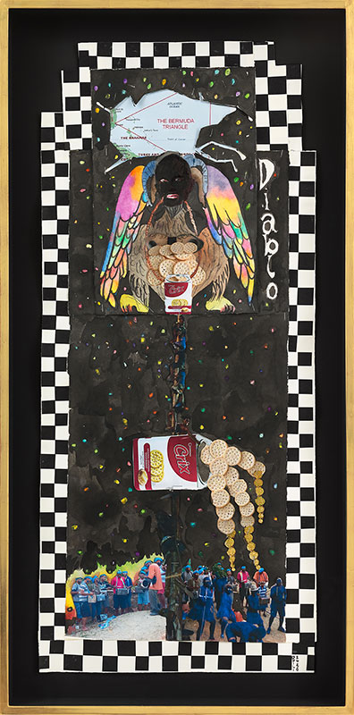 A vertical mixed-media collage features a black-and-white checkerboard border. At the top, a figure with a dark, mask-like face, large teeth, and colorful wings holds crackers and a 'Ritz' box below a map of the Bermuda Triangle, with 'Diablo' written vertically on the right. A chain extends downwards to another 'Ritz' box spilling crackers, above a collage of people in a crowd.