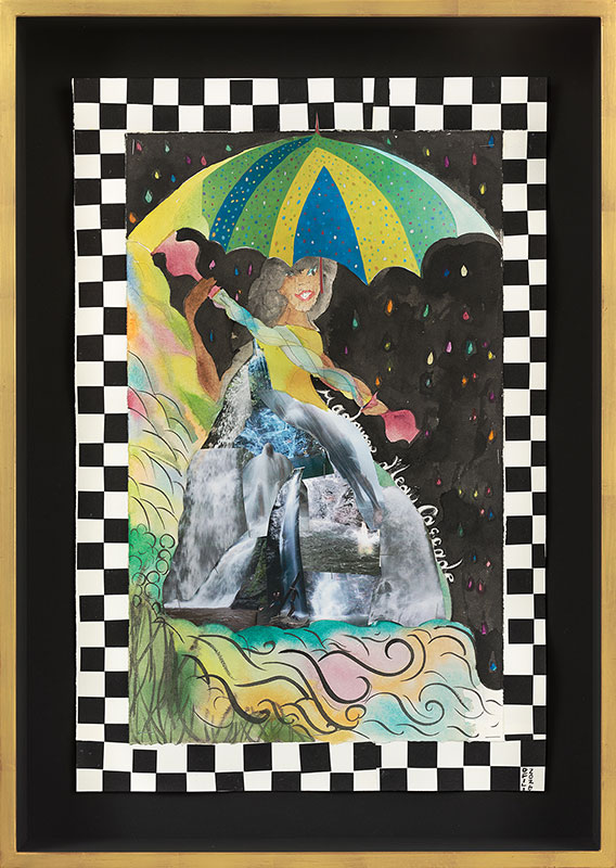 A mixed-media artwork depicts a smiling figure with gray hair, whose body is composed of collaged waterfall images. The figure holds a striped umbrella in yellow, blue, green, and pink, with colorful raindrops falling against a dark background and swirling green and yellow watercolor patterns at the bottom. The words 'Madame d'leau Cascade' are written in white script, and a black and white checkerboard border frames the entire piece.
