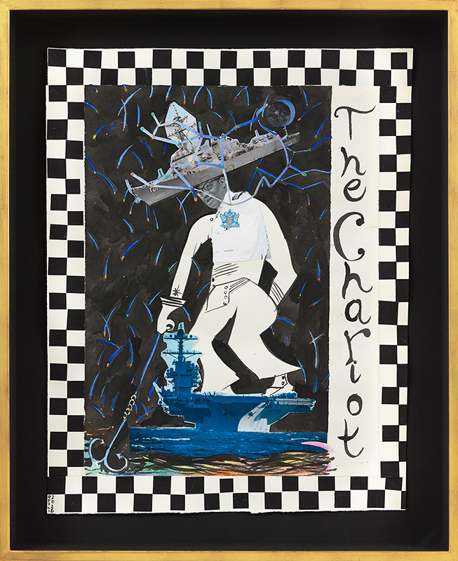 A mixed-media artwork features a figure in a white uniform and glasses, standing on a blue aircraft carrier. Another aircraft carrier floats above the figure's head, connected by lines. The background is dark with abstract white and blue marks, and