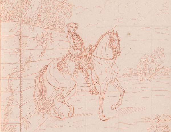 Drawing of male figure on horseback in red chalk.