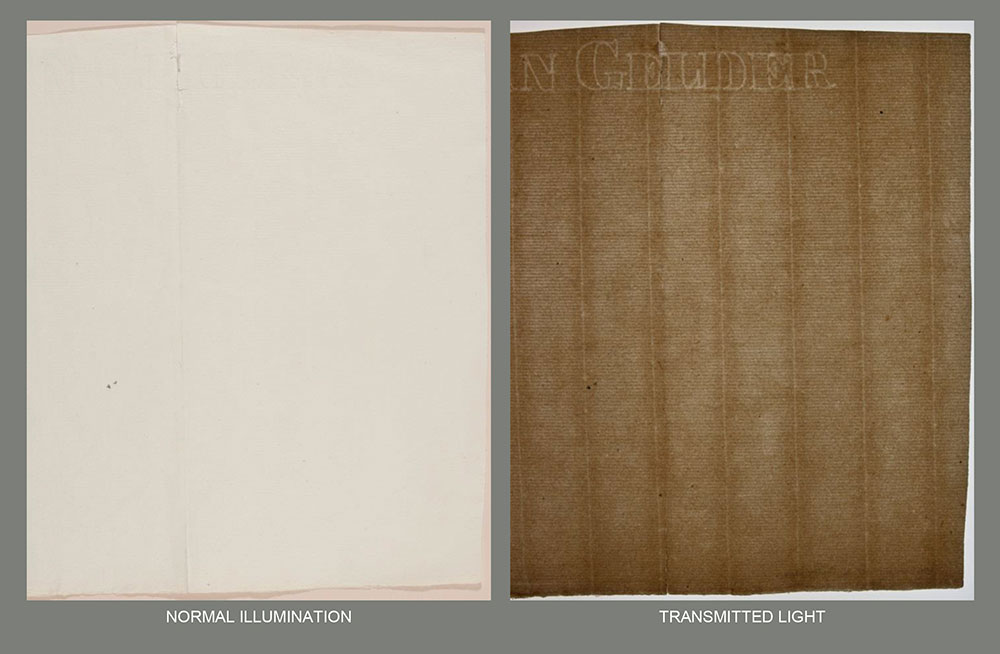 Comparison of laid paper with normal illumination and transmitted light.