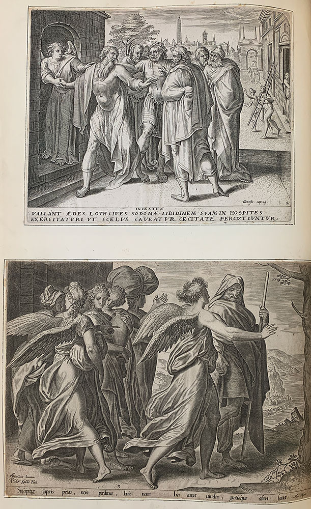 Two horizontal rectangular prints, one on top of the other, occupying a single folio page, in black, white, and shades of grey. The top image shows several male figures gathered in front of a house, with an angel pulling one towards the house. The bottom image shows several figures, both female and male as well as some angels, in motion outside.