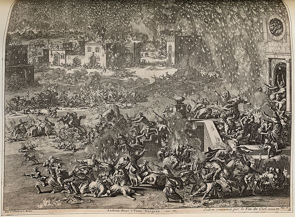 A large horizontal etching in black, white, and shades of grey. The print shows flames falling from the sky onto a frantic city scene with buildings on fire and people and animals running, some collapsing, while others reach up towards the sky.