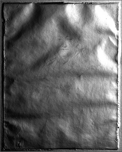 Fig. 6. This image, made with Reflectance Transformation Imaging, shows distortions that indicate that the sheet was once mounted to a prefabricated drawing board. Jean-Auguste-Dominique Ingres. Portrait of M. Guillaume Guillon-Lethière, 1815.