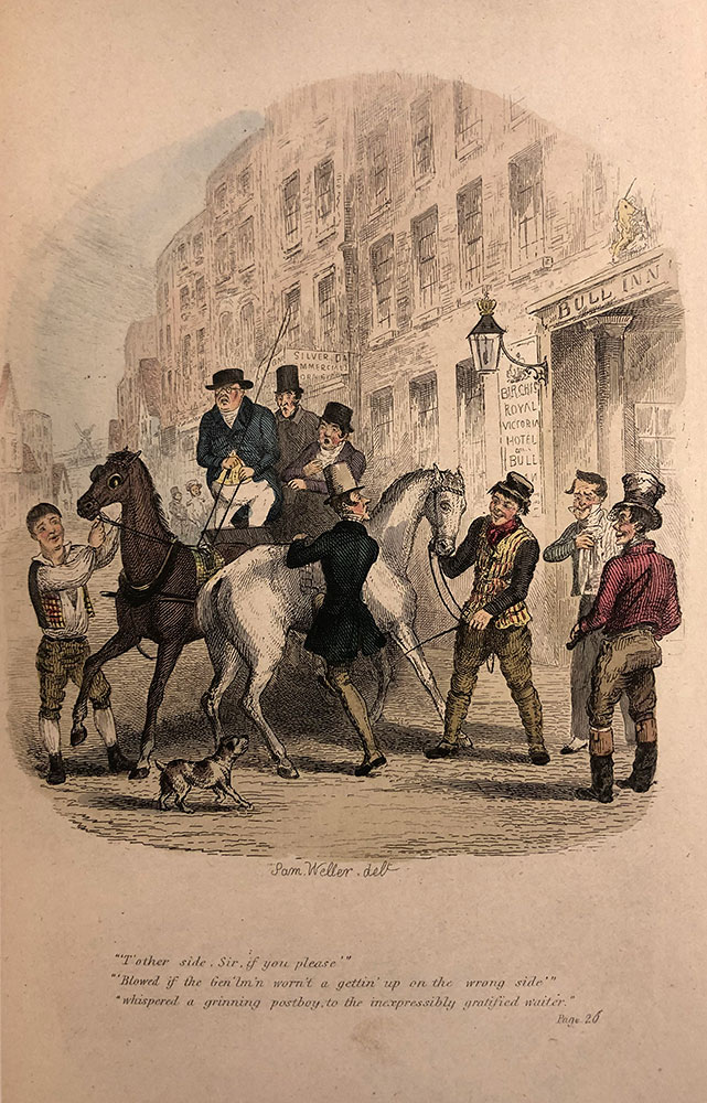 A hand colored etching depicting eight male figures in a town street. Three of the men ride in a carriage pulled by a black horse that faces to the left with a boy holding the reins. In front of them is another man getting onto a white horse that faces to the right, with a man holding the reins, and two other men standing to his right looking towards him. There is a small white dog with dark spots standing by the tail of the white horse.