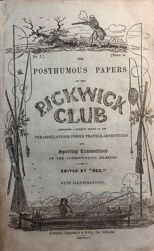 The front cover to The Posthumous Papers of the Pickwick Club on light blue paper with browned edges. The cover contains text in the center and illustrations on the top, bottom, and sides, all in black. The central text, which varies in size, reads The Posthumous Papers of the Pickwick Club containing a faithful record of the perambulations, perils, travels, adventures and sporting transactions of the corresponding members, edited by Boz. with illustrations. The letters of the Pickwick Club are made of logs. The top illustration shows a single man firing a shotgun towards a bare tree with clouds in the background. The bottom illustration depicts a man asleep in a boat while fishing, with some clouds and a town further off in the background. The side illustrations are made of different items bound together to create a vertical border.
