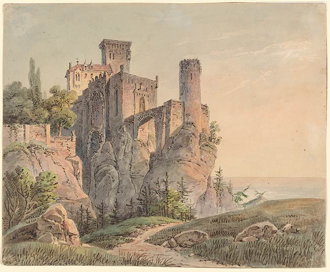 Simon Quaglio | A Medieval Castle Overlooking the Sea. Verso: A Castle