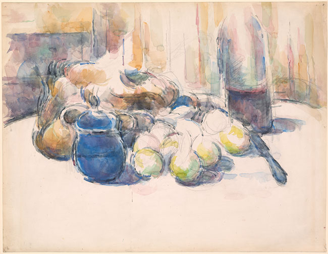 Still Life with Pears and Apples, Covered Blue Jar, and a Bottle of Wine
