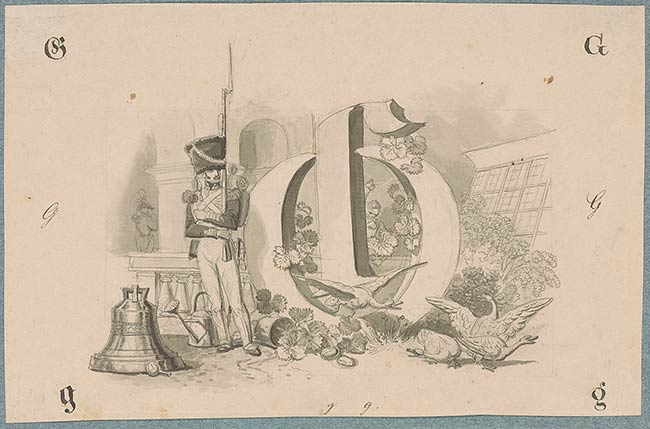 Johann Michael Voltz | Scene incorporating a large letter G, surrounded ...