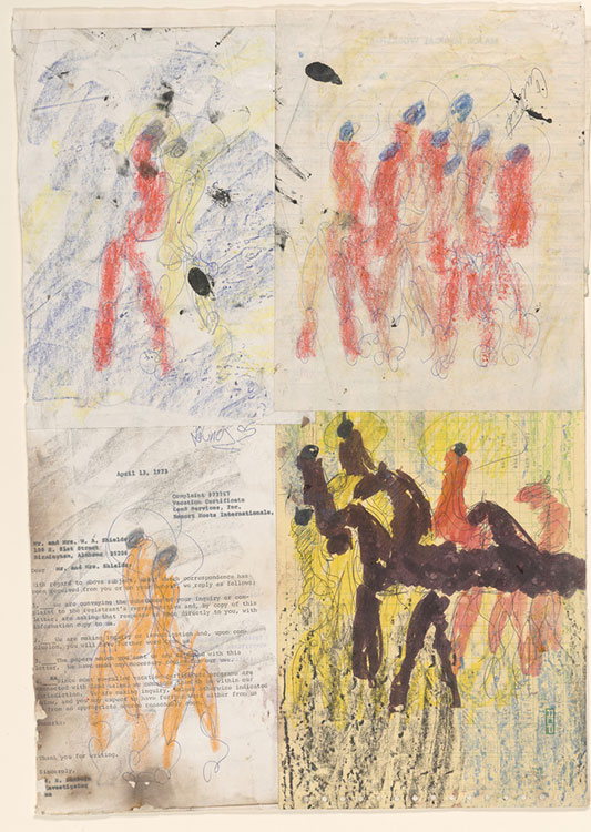 drawing of various groups of figures split into into quadrants, red, organge, brown, purple and teal crayon marks and collage elemnts are visible.
