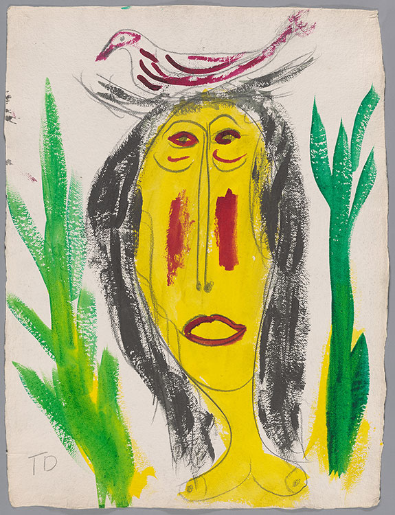 Yellow face with black hair, red eyes and lips with red bird nesting on head and green shapes on each side.