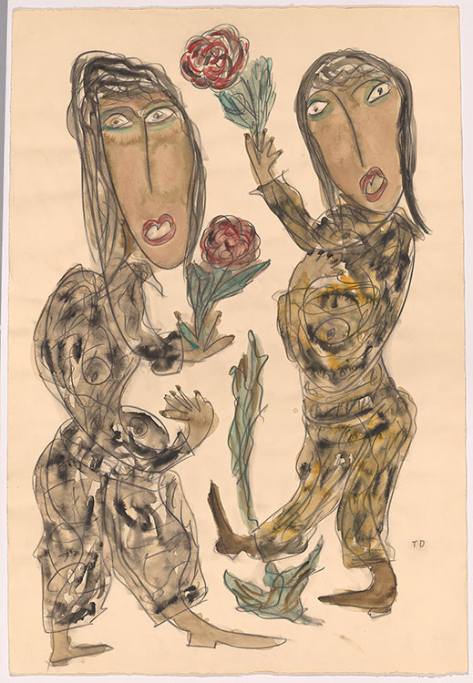 Two brown figures holding red flowers with green stems look toward the viewer wide-eyed.