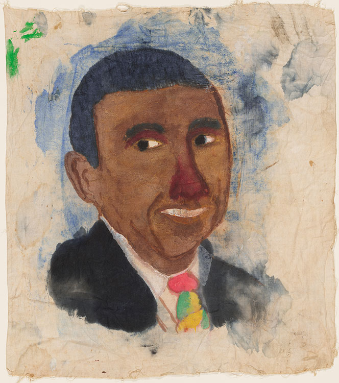 Portrait at three quarter angle with short hair with blue brushwork in background and red, yellow and green tie.