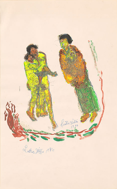 two figures, one holding a child facing eachother dressed in yellow, organge and green.