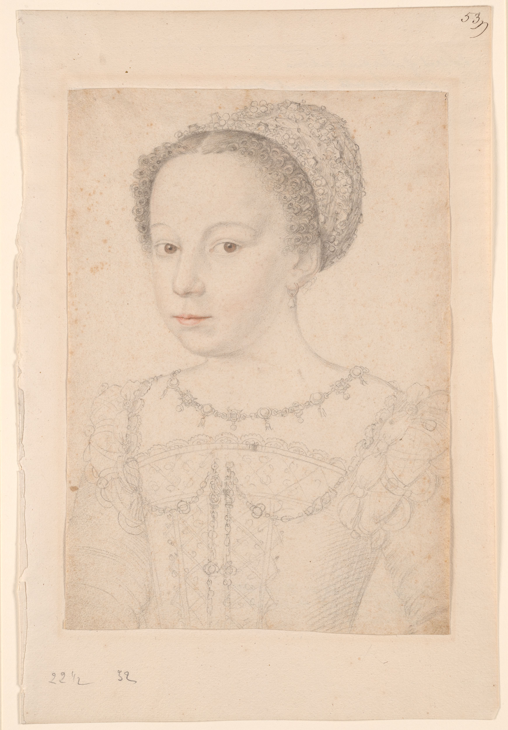 Kunstdruck Portrait of Marguerite of Navarre Jean Clouet 02488 Robe à oiseau encadrée B A3