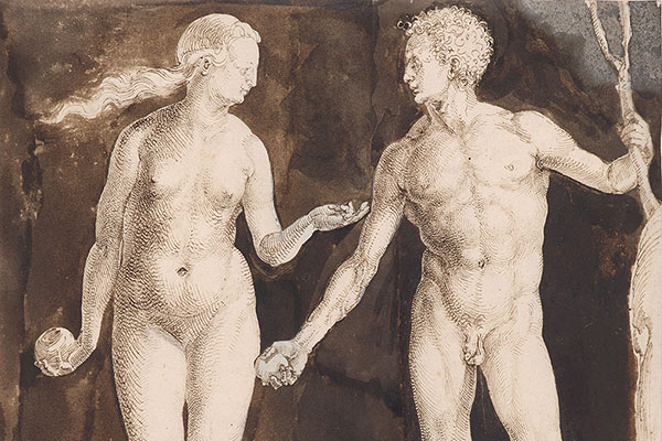 A nude woman and man face towrads eachother, their bodies are defined with cross-hatching and the background is a dark brown wash.
