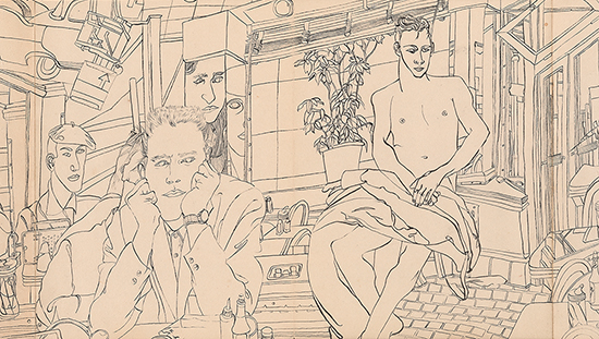 Line drawing of of a street scen with a male figure in the foreground holding his head in his hands with another male figure on the right, with a plant in between them and third male figure to the left.