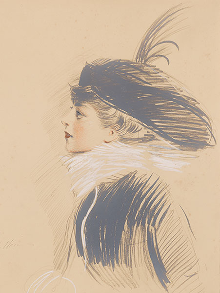 Portrait of Belle da Costa Greene in side profile looking left wearing a hat with a feather.