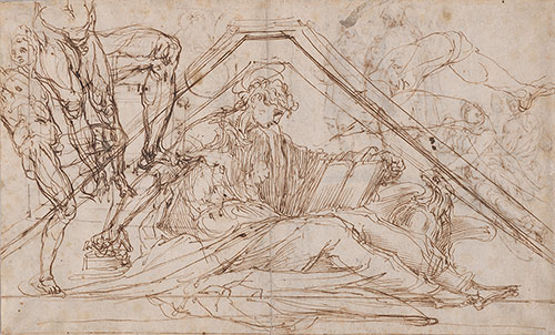 Line drawing of seated draped figure reading a book with two nude figures standing behind.
