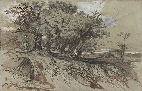 Charcoal drawing of landscape with human and animal figures approaching trees, in brown and gray washes with white highlights.