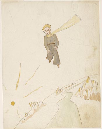Small figure of Little Prince floating above a landscape dressed in green with yellow scarf blowing in the wind.