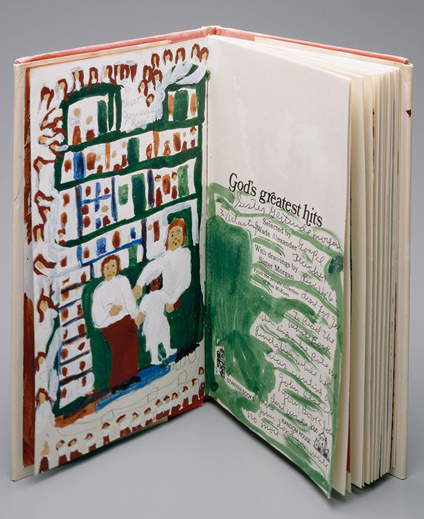 An open sketchbook with a drawing of a man, woman, and child sitting on a green couch on the left and text that says Good's Greatest Hoys on the right.