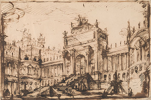 View of a a large building with columns on and steps leading up to an archway in the middle in brown ink on yellowed paper.