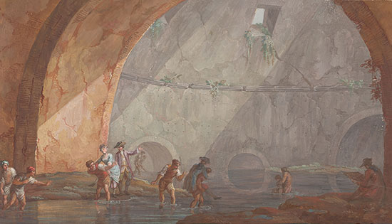 Several figures wading in a stream that flows under the arch of a cavernous space with brown and blue wash.