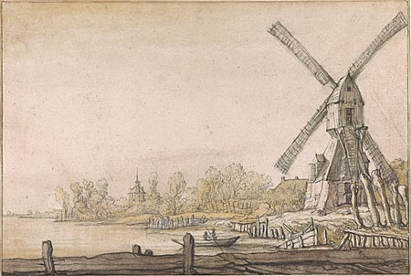 Image of Windmill by a River, with a Jetty in the Foreground 