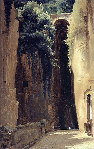 Oil painting of tall arch over pathway with green vegetation growing to the side and on top in yellow earth tones.