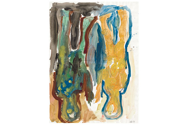Two upside down figure shapes drawn in yellow, blue, green, brown, and black washes with some gestural pencil lines.