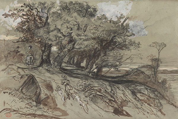 Charcoal drawing of landscape with human and animal figures approaching trees, in brown and gray washes with white highlights.