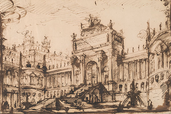 View of a a large building with columns on and steps leading up to an archway in the middle in brown ink on yellowed paper.