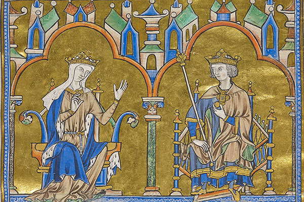 King and queen sitting on thrones wearing crowns with red, blue, green, and brown coloring on gold leaf background.