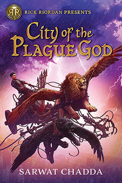 Book cover of City of the Plague Good with figure on chariot in a pink and purple sky being pulled by winged lion.