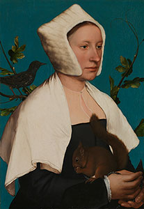 Portrait of seated woman with white hat and shawl, black dress, holding a squirrel with a black bird at left shoulder.