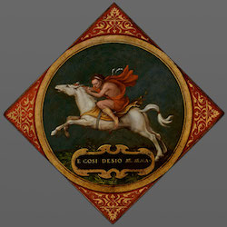 Diamond shaped painting of figure on horseback enclosed in circular frame with red and gold patterned background.