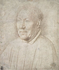 Cross hatched drawing portrait of a bald man at three quarter angle showing head and shoulder.