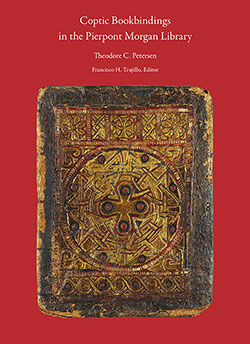 Book cover showing coptic binding on red background.
