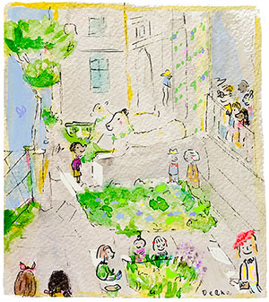 Illustration showing garden on 36th street with lion statue and figures of children